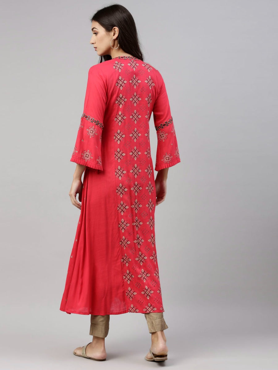 Neerus Pink viscose rayon solid kurti - detail view 4