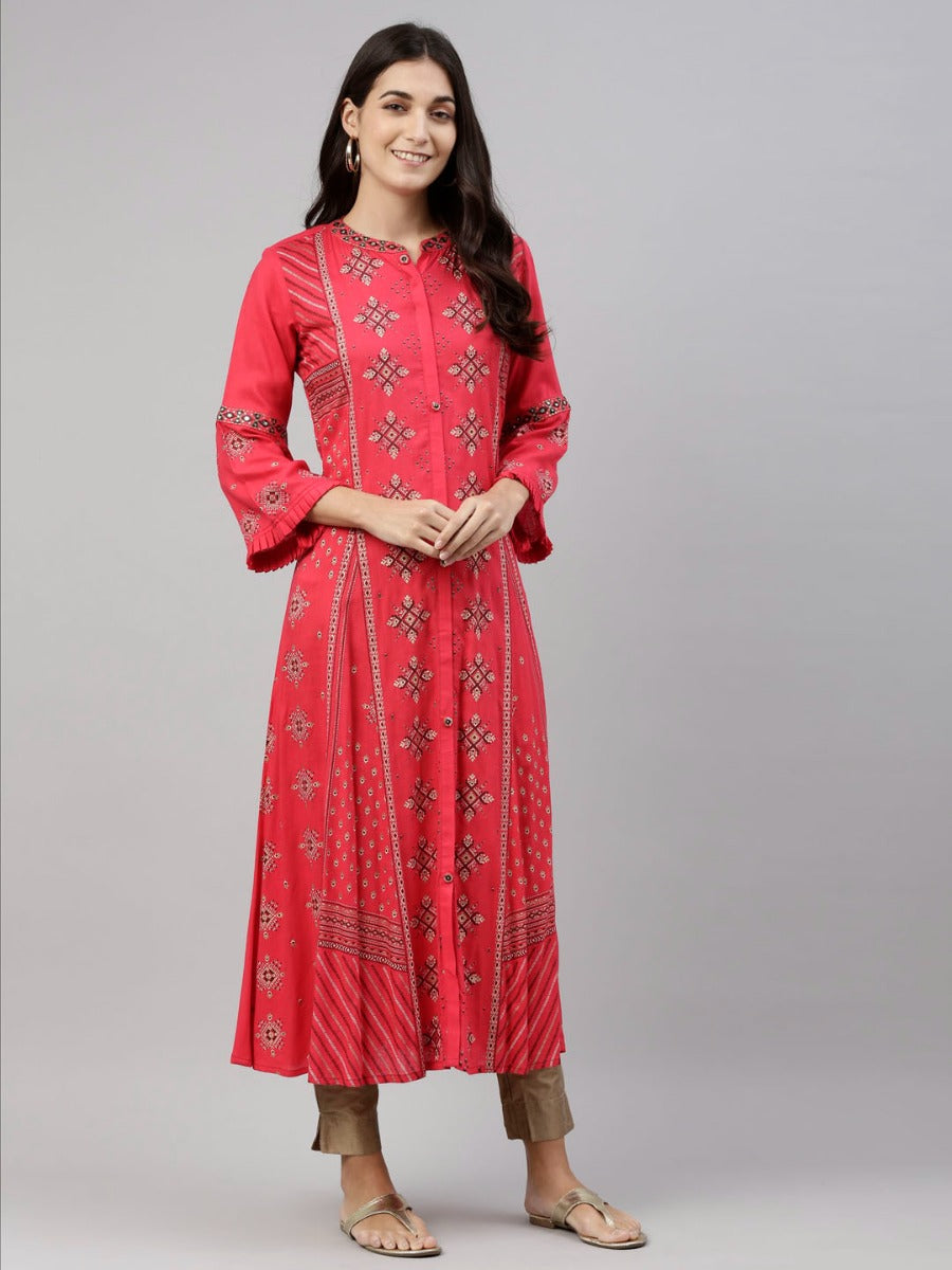 Neerus Pink viscose rayon solid kurti - front view