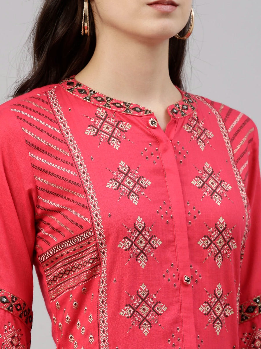 Neerus Pink viscose rayon solid kurti - detail view 5