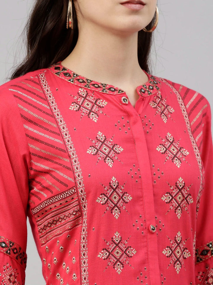 Neerus Pink viscose rayon solid kurti - detail view 5