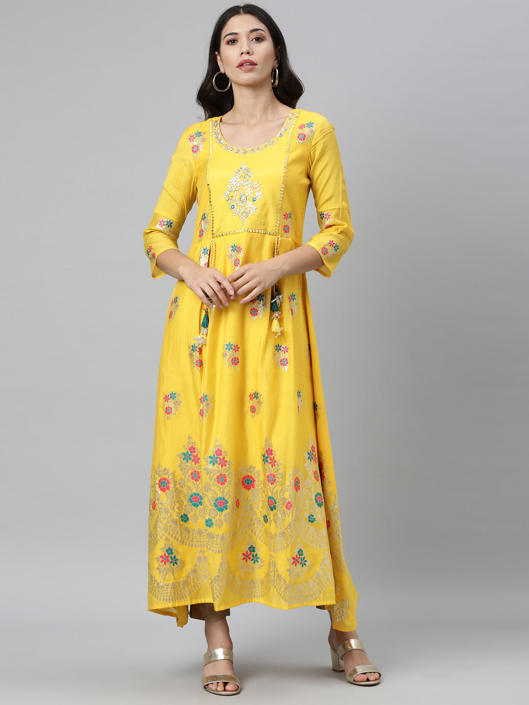 Neerus Yellow Chanderi straight kurta dress - front view