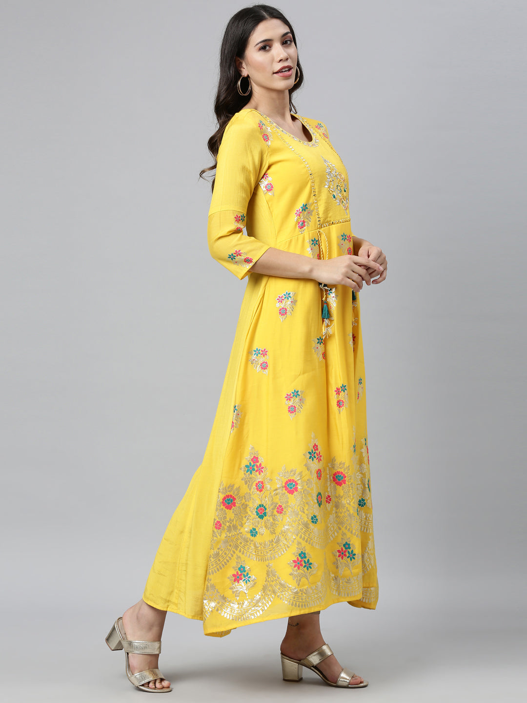 Neerus Yellow Chanderi straight kurta dress - side view