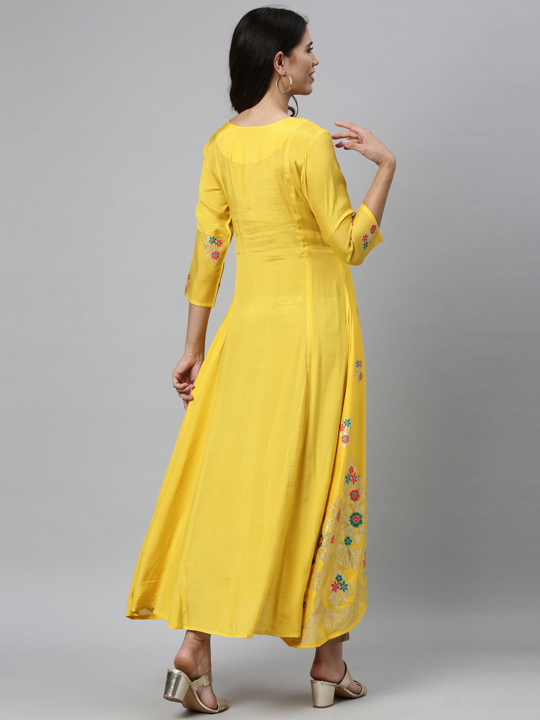 Neerus Yellow Chanderi straight kurta dress - detail view 1