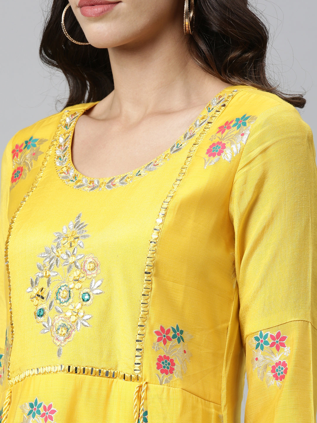 Neerus Yellow Chanderi straight kurta dress - detail view 2