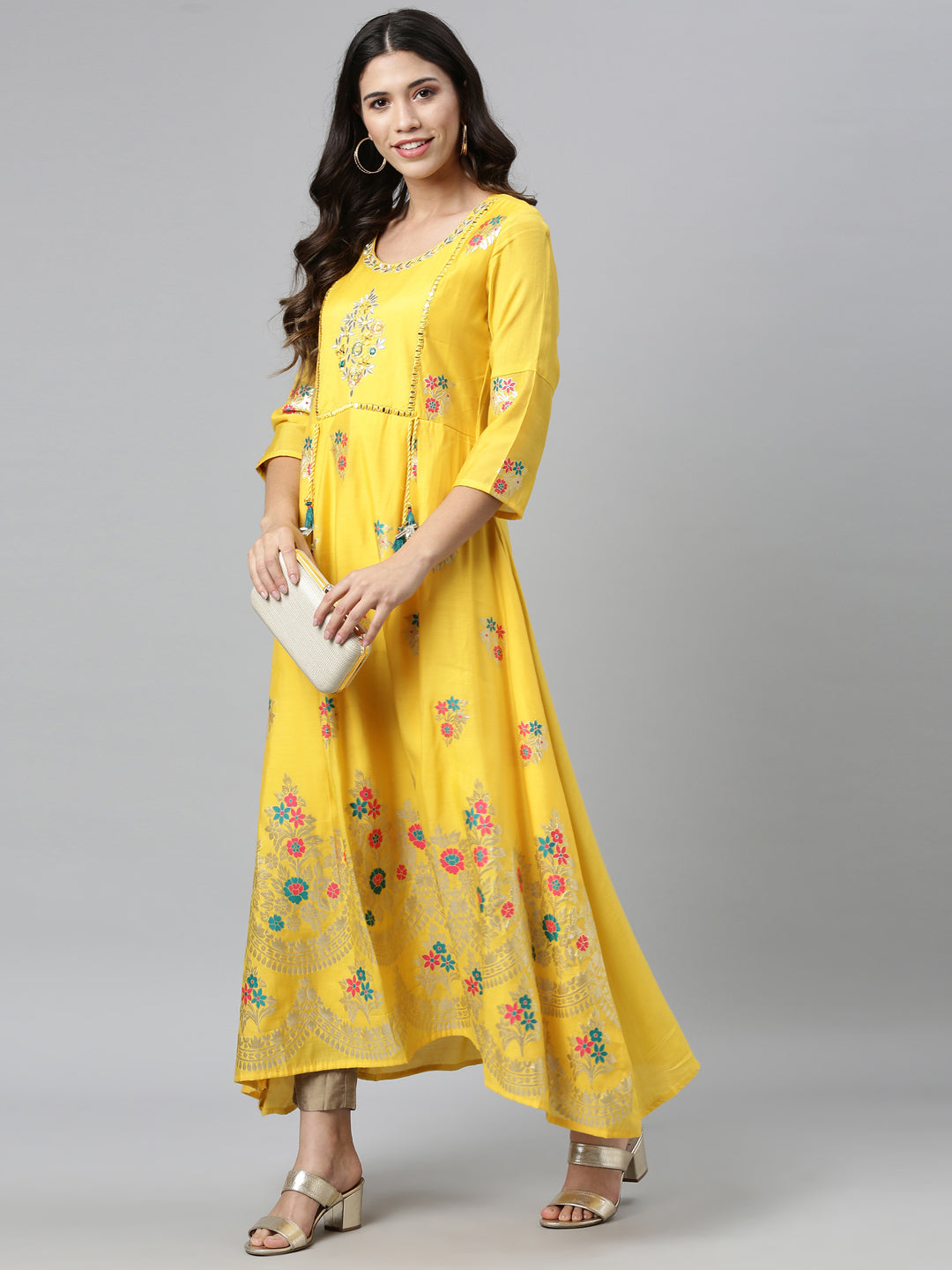 Neerus Yellow Chanderi straight kurta dress - back view