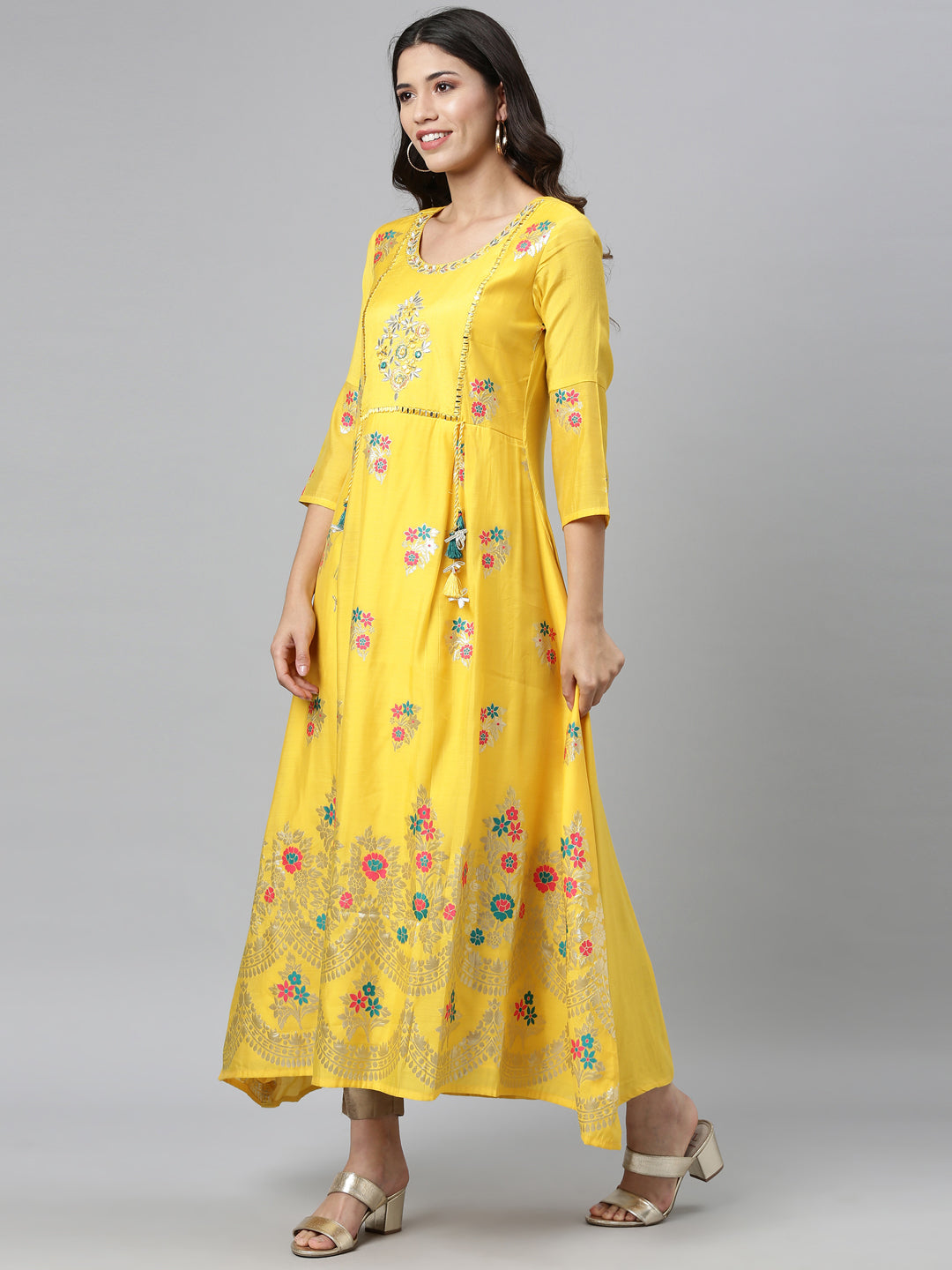 Neerus Yellow Chanderi straight kurta dress - detail view 3