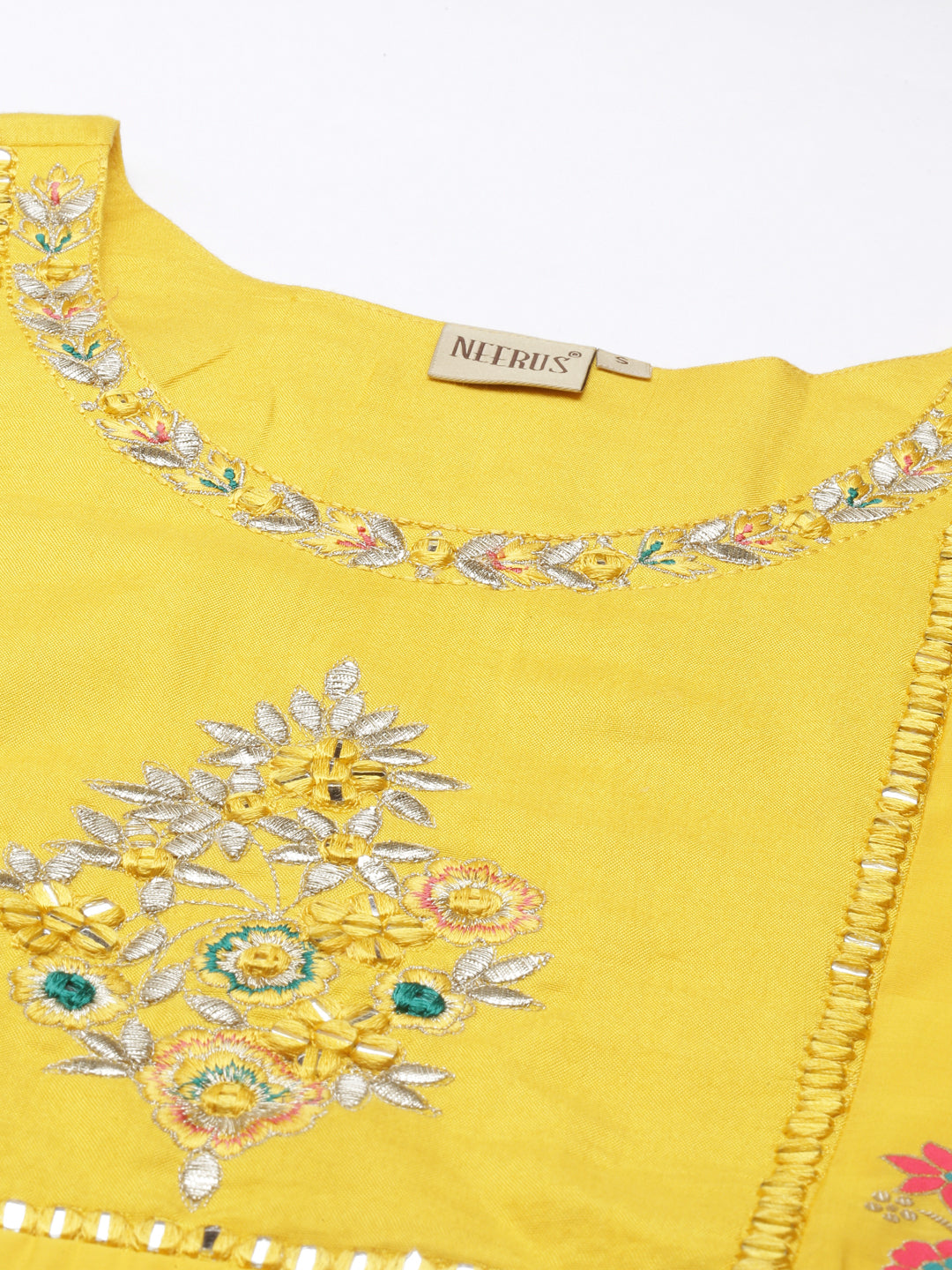 Neerus Yellow Chanderi straight kurta dress - detail view 4