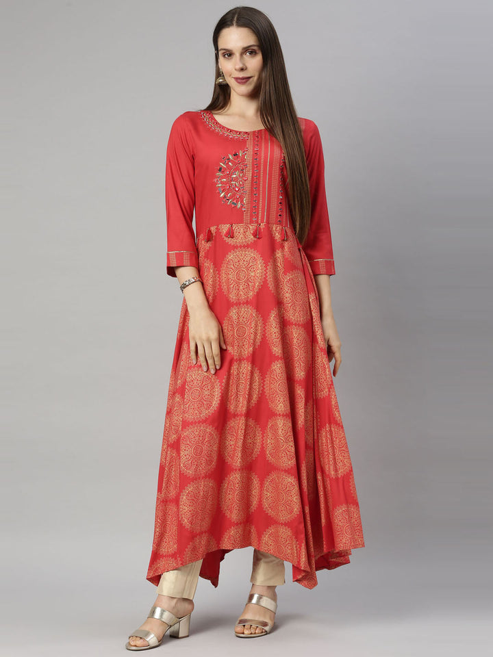 Neerus Red rayon straight kurti - front view