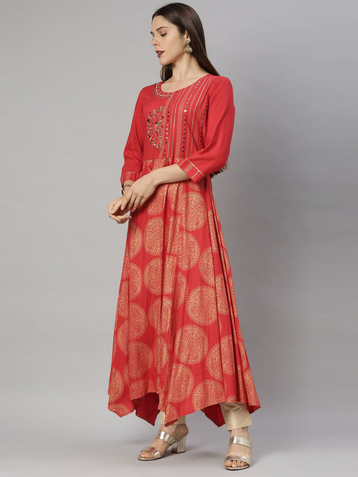 Neerus Red rayon straight kurti - detail view 1