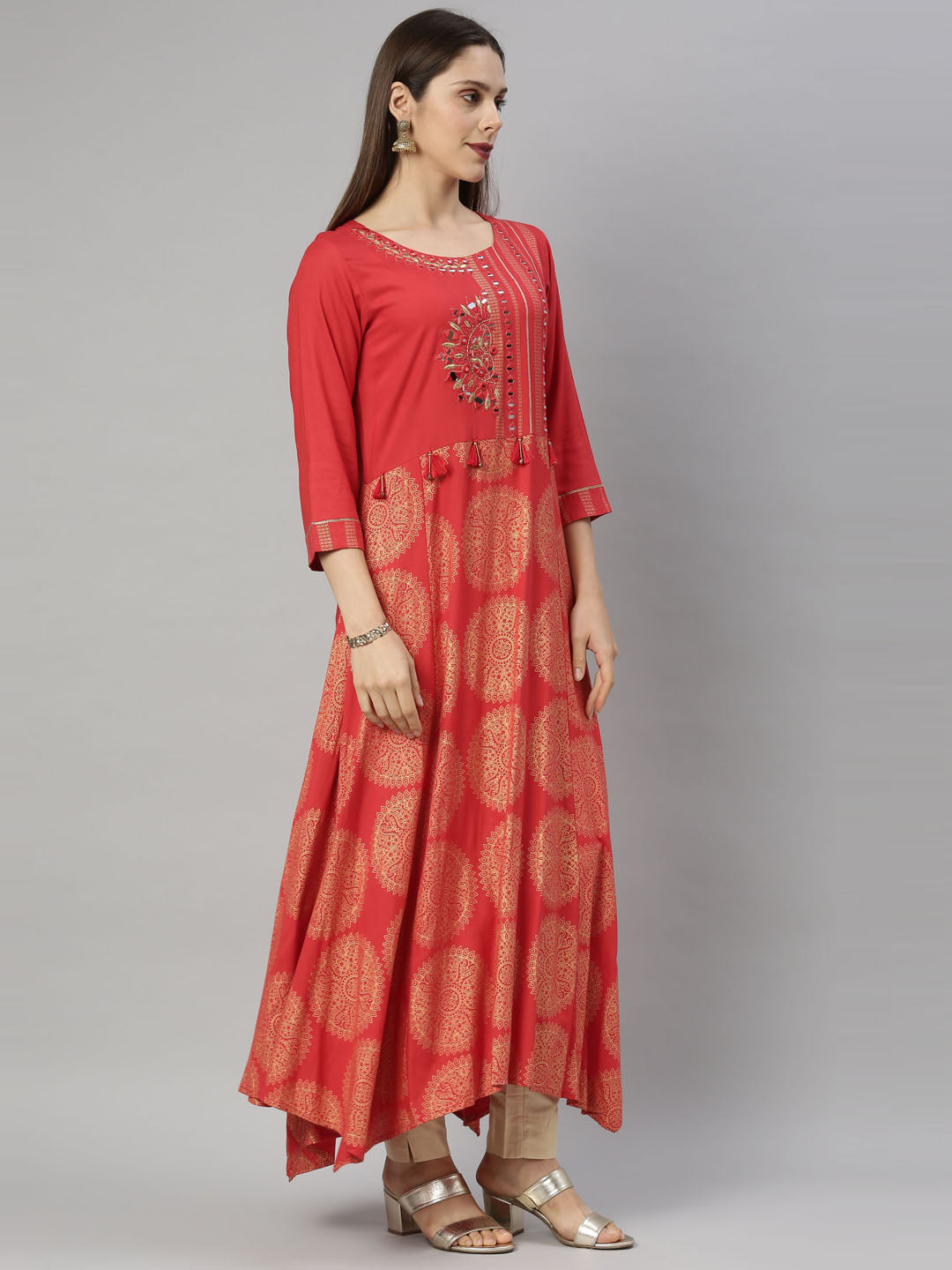 Neerus Red rayon straight kurti - detail view 2