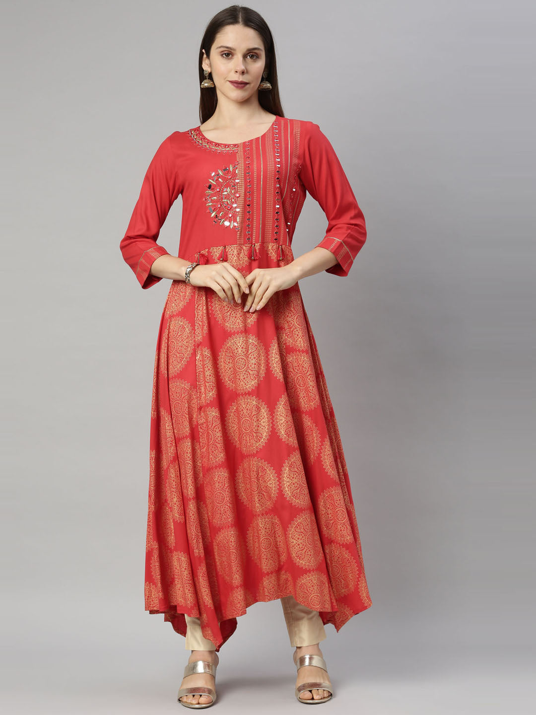 Neerus Red rayon straight kurti - detail view 4