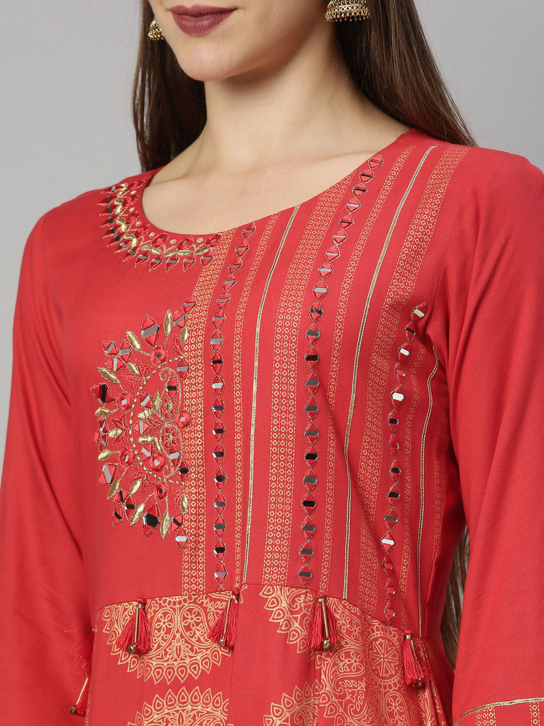 Neerus Red rayon straight kurti - detail view 5