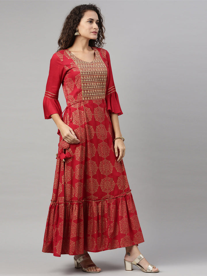 Neerus Maroon rayon printed kurti A-line - front view