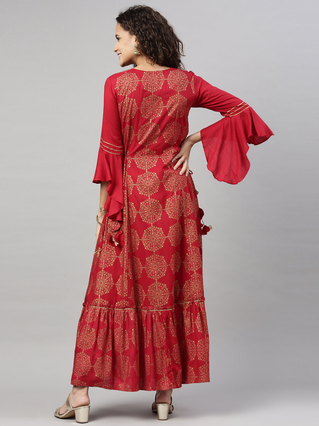 Neerus Maroon rayon printed kurti A-line - back view