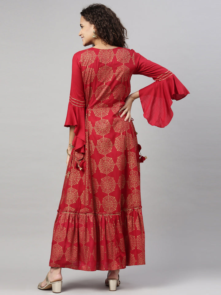 Neerus Maroon rayon printed kurti A-line - back view