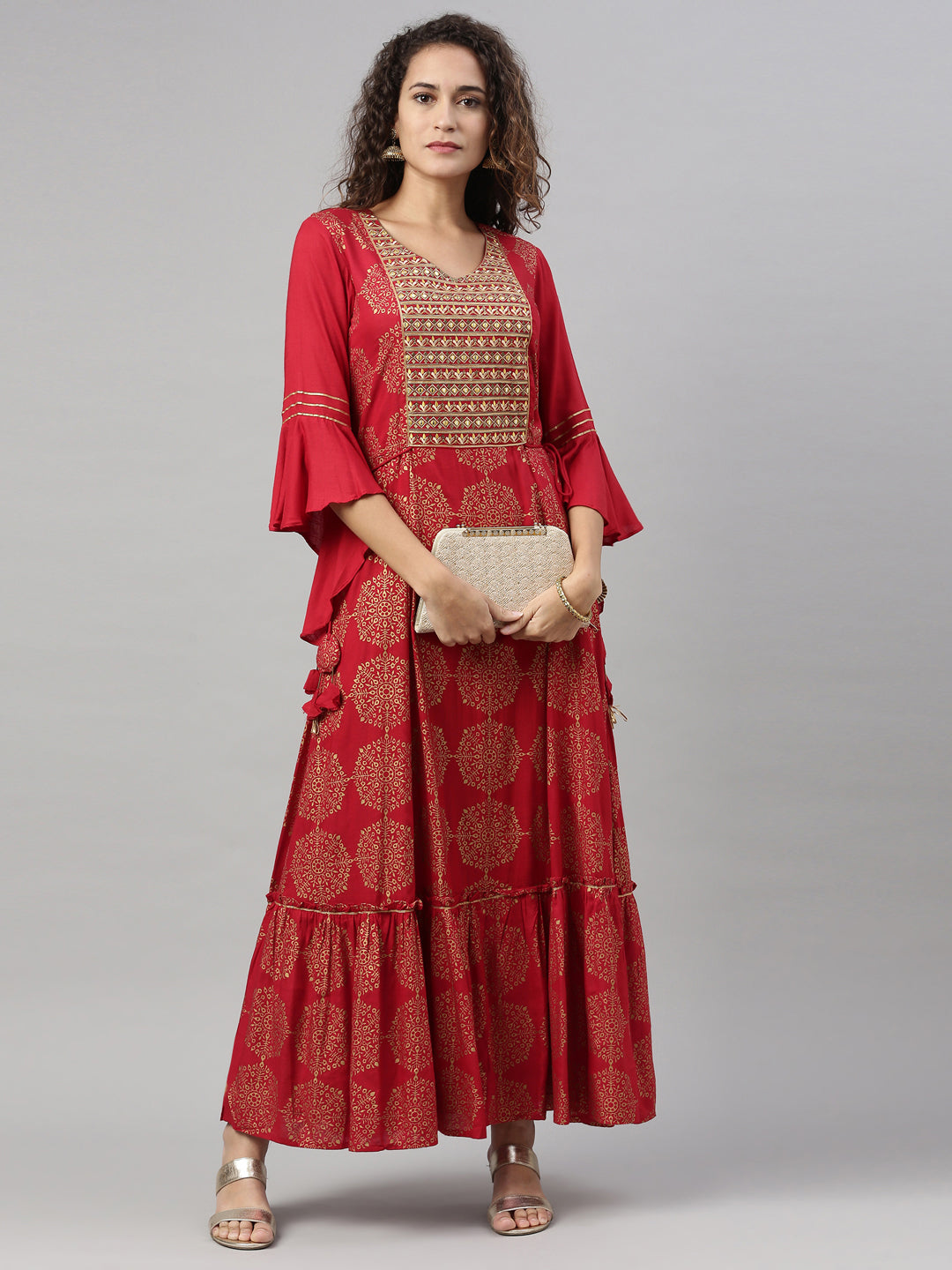 Neerus Maroon rayon printed kurti A-line - detail view 1