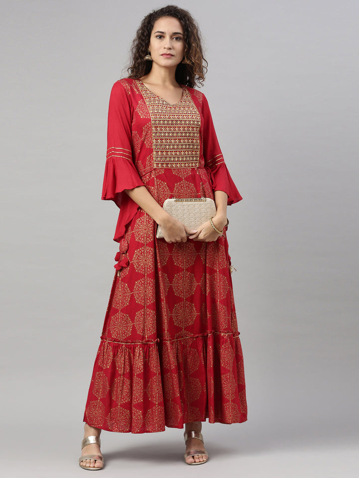 Neerus Maroon rayon printed kurti A-line - detail view 1