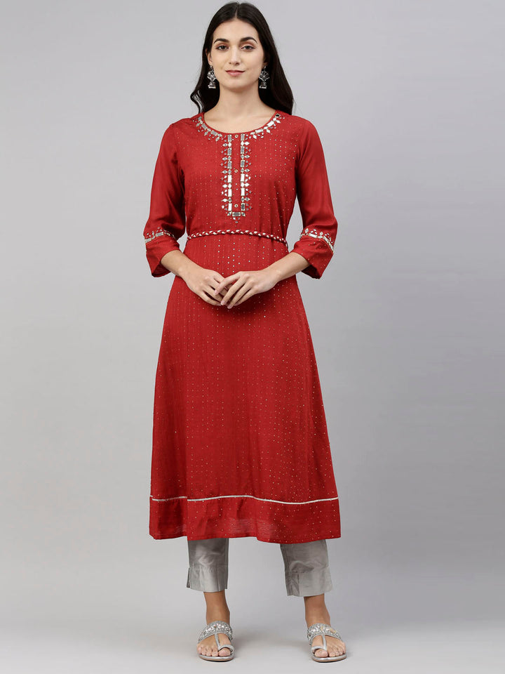 Neerus Orange Chanderi straight kurti tunic - front view