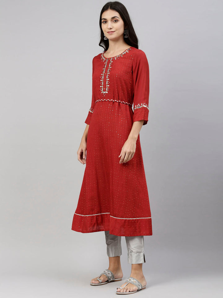 Neerus Orange Chanderi straight kurti tunic - detail view 1