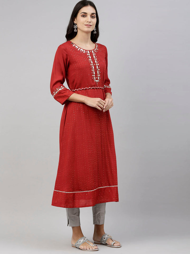Neerus Orange Chanderi straight kurti tunic - detail view 2
