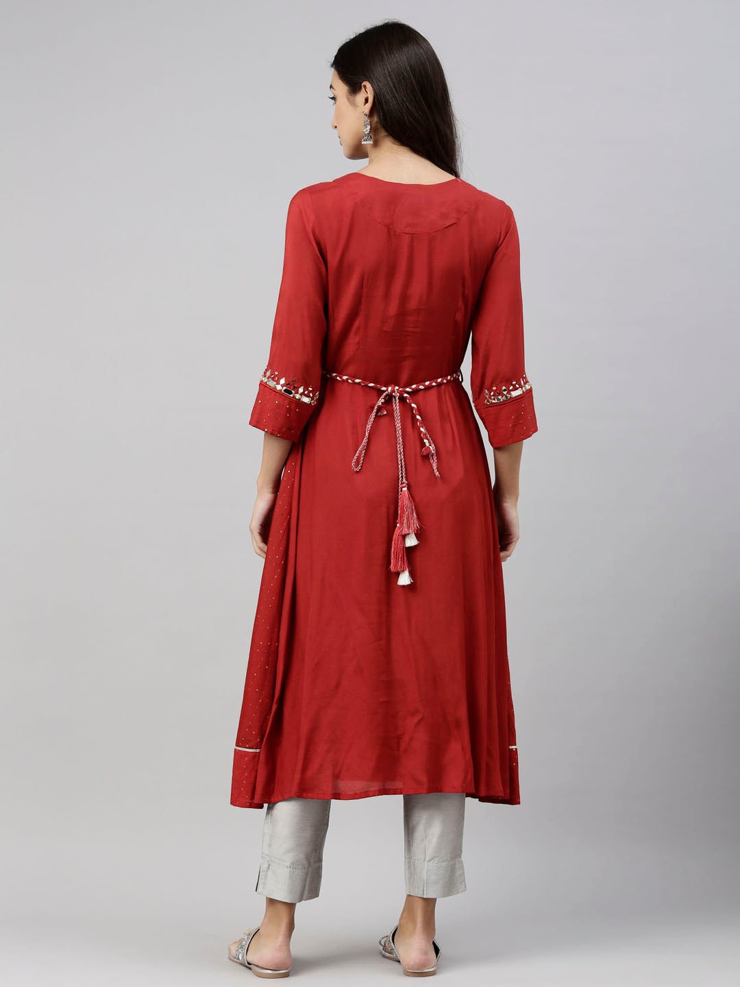 Neerus Orange Chanderi straight kurti tunic - detail view 3
