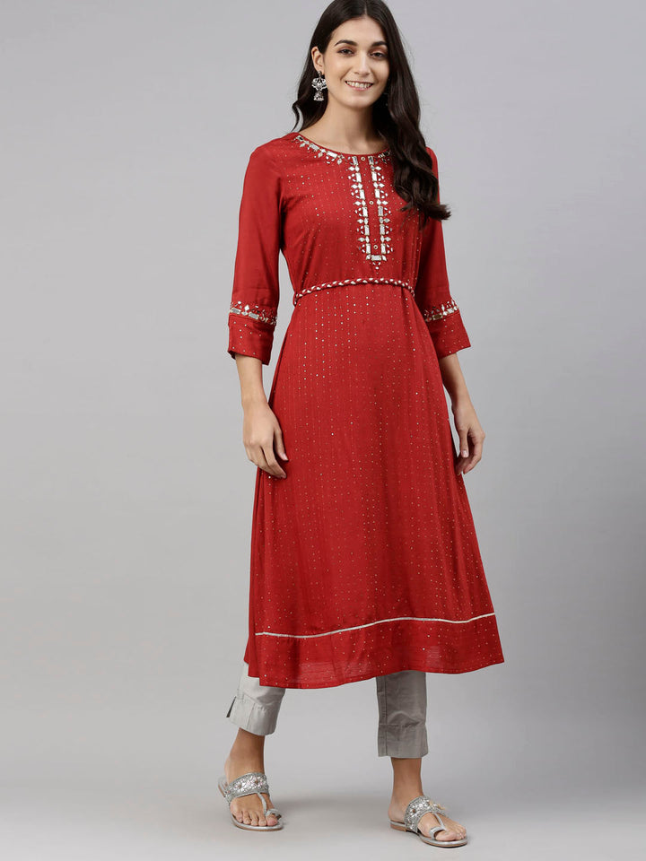Neerus Orange Chanderi straight kurti tunic - detail view 4