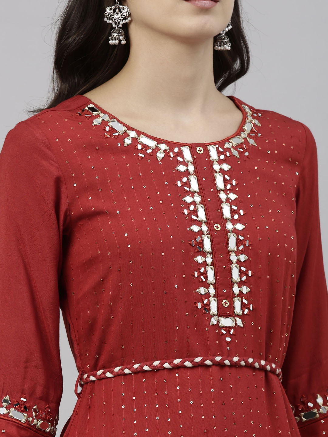 Neerus Orange Chanderi straight kurti tunic - detail view 5