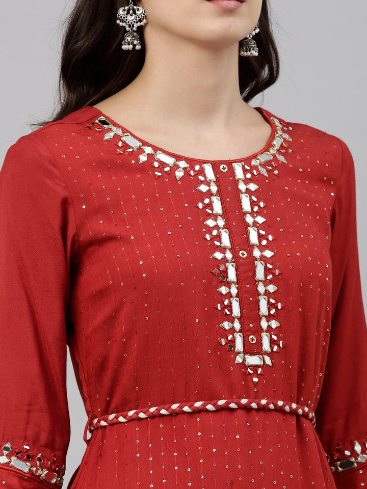 Neerus Orange Chanderi straight kurti tunic - detail view 5
