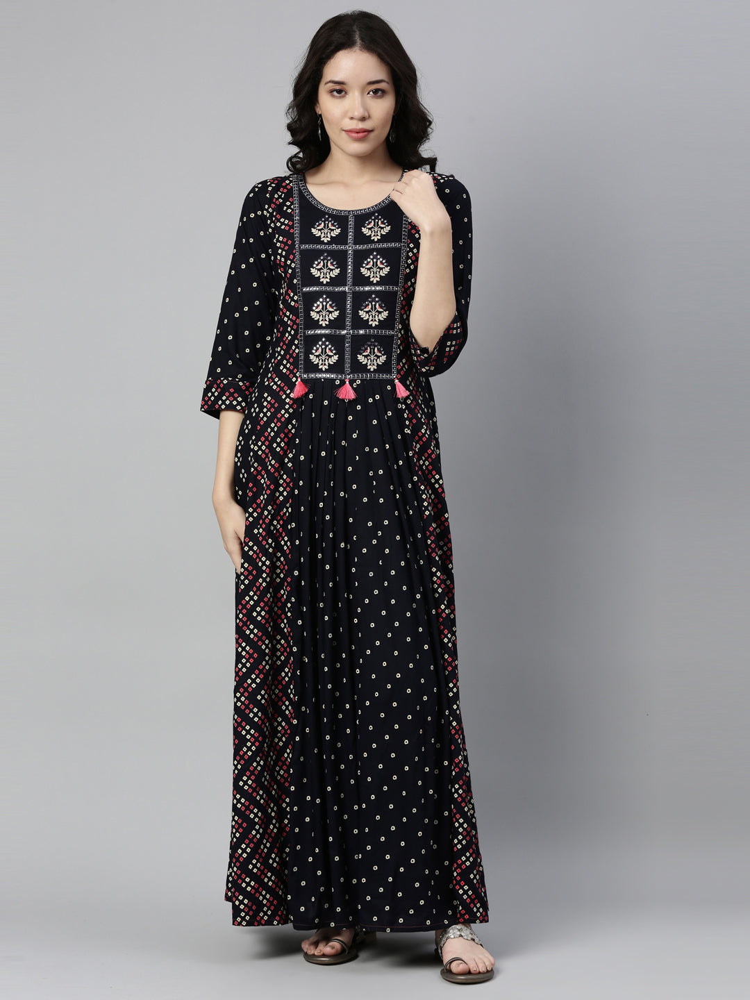 Neerus Blue Rayon Mirror Work Kurti - detail view 4