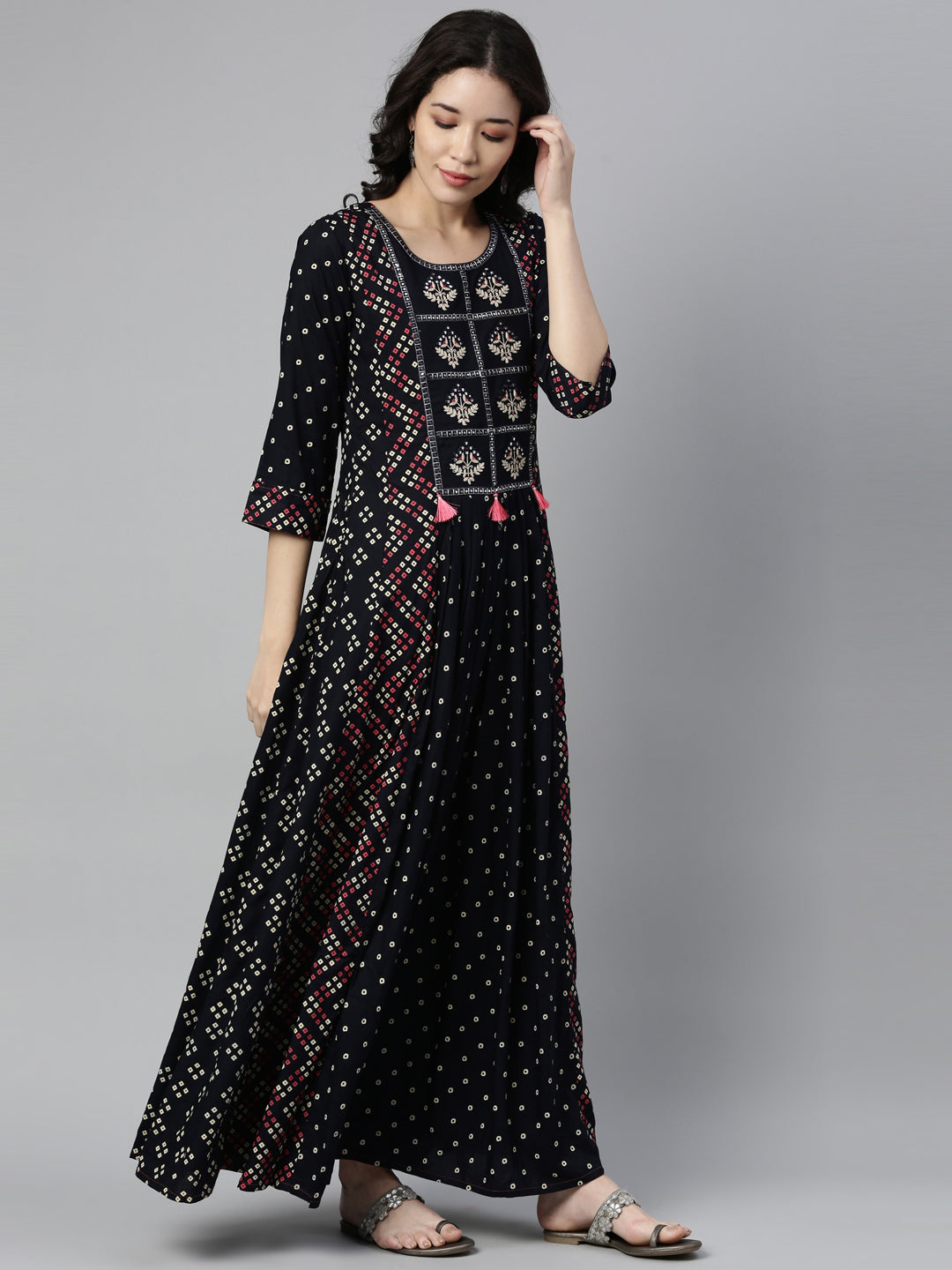 Neerus Blue Rayon Mirror Work Kurti - front view