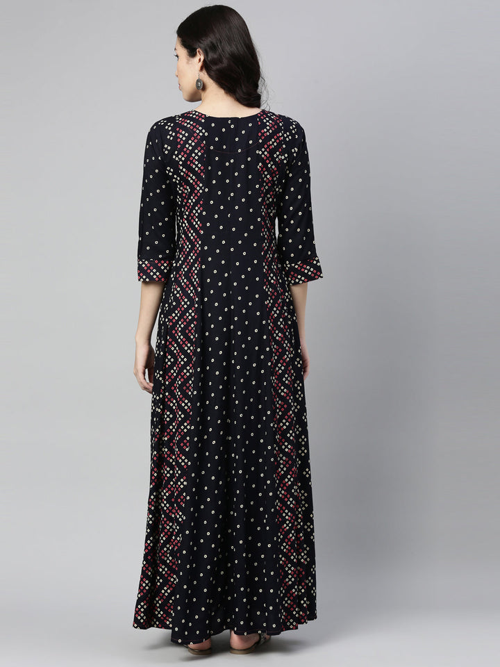 Neerus Blue Rayon Mirror Work Kurti - back view