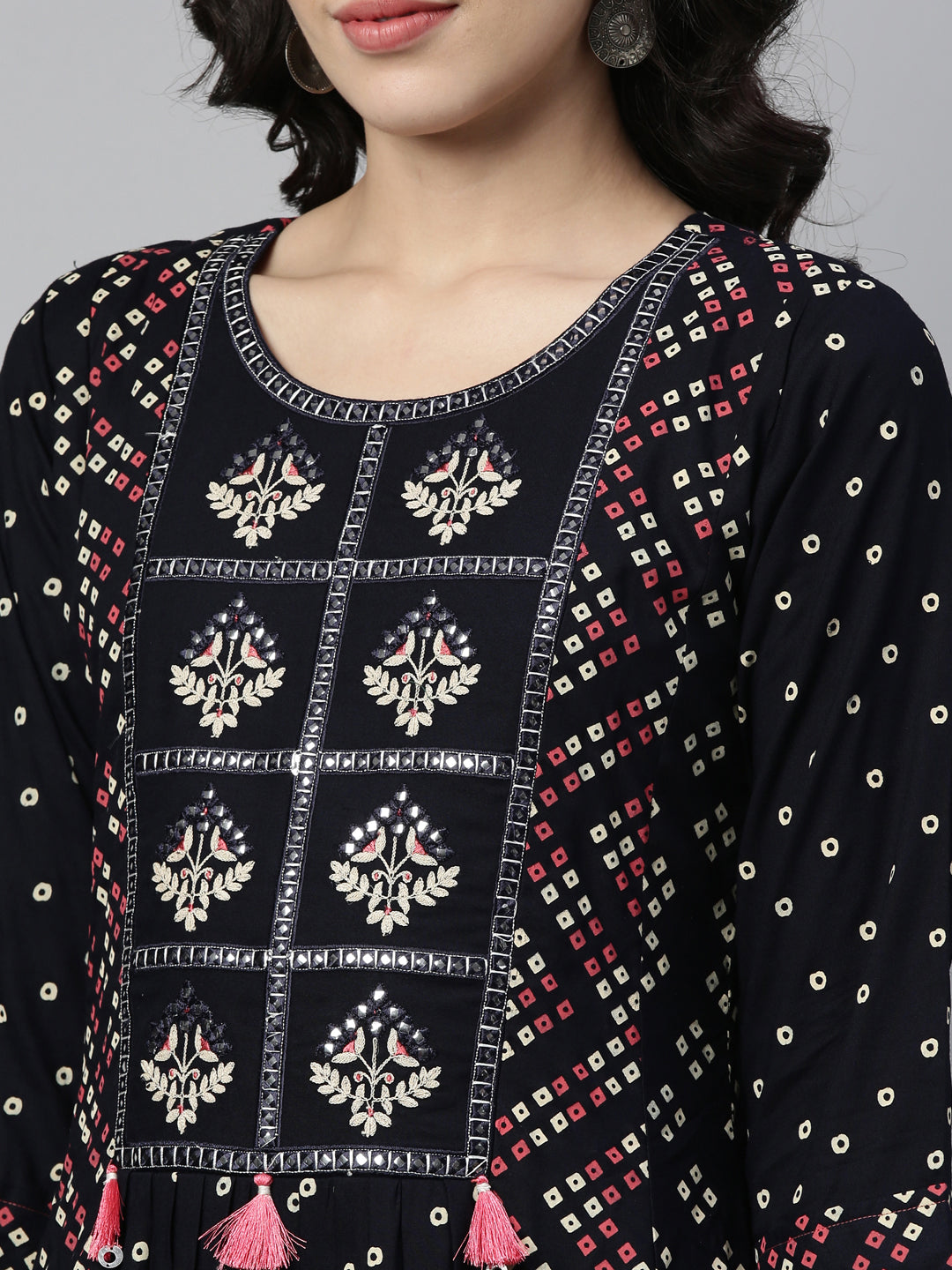Neerus Blue Rayon Mirror Work Kurti - side view