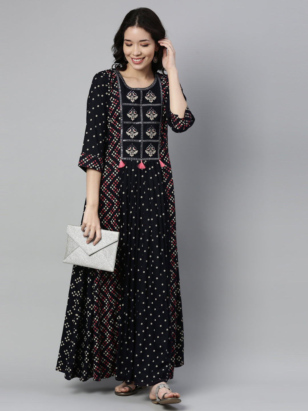 Neerus Blue Rayon Mirror Work Kurti - detail view 1