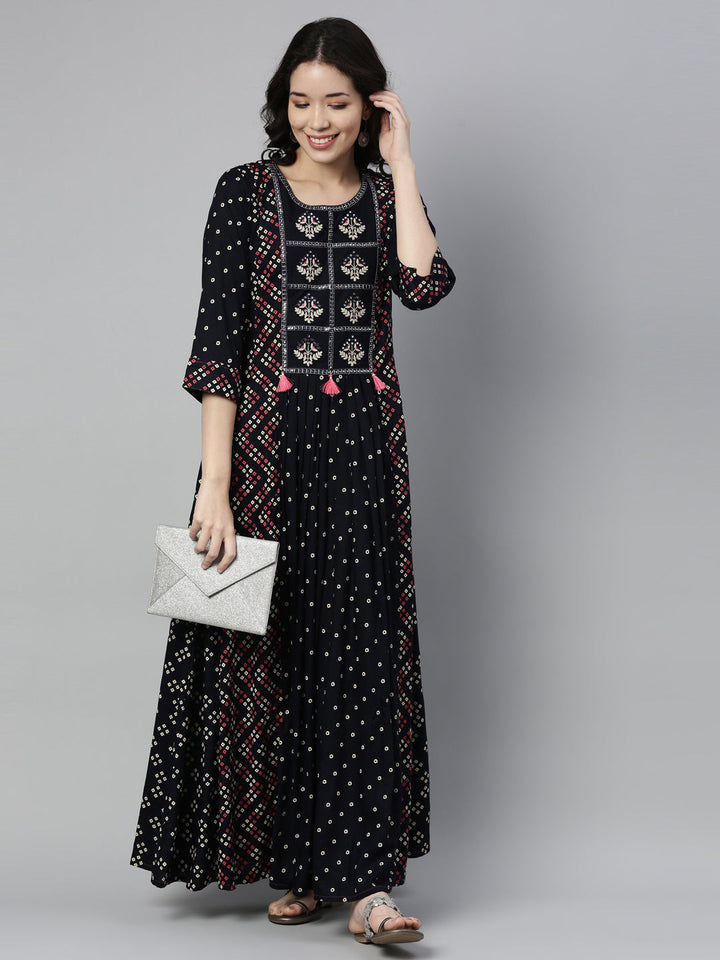 Neerus Blue Rayon Mirror Work Kurti - detail view 1
