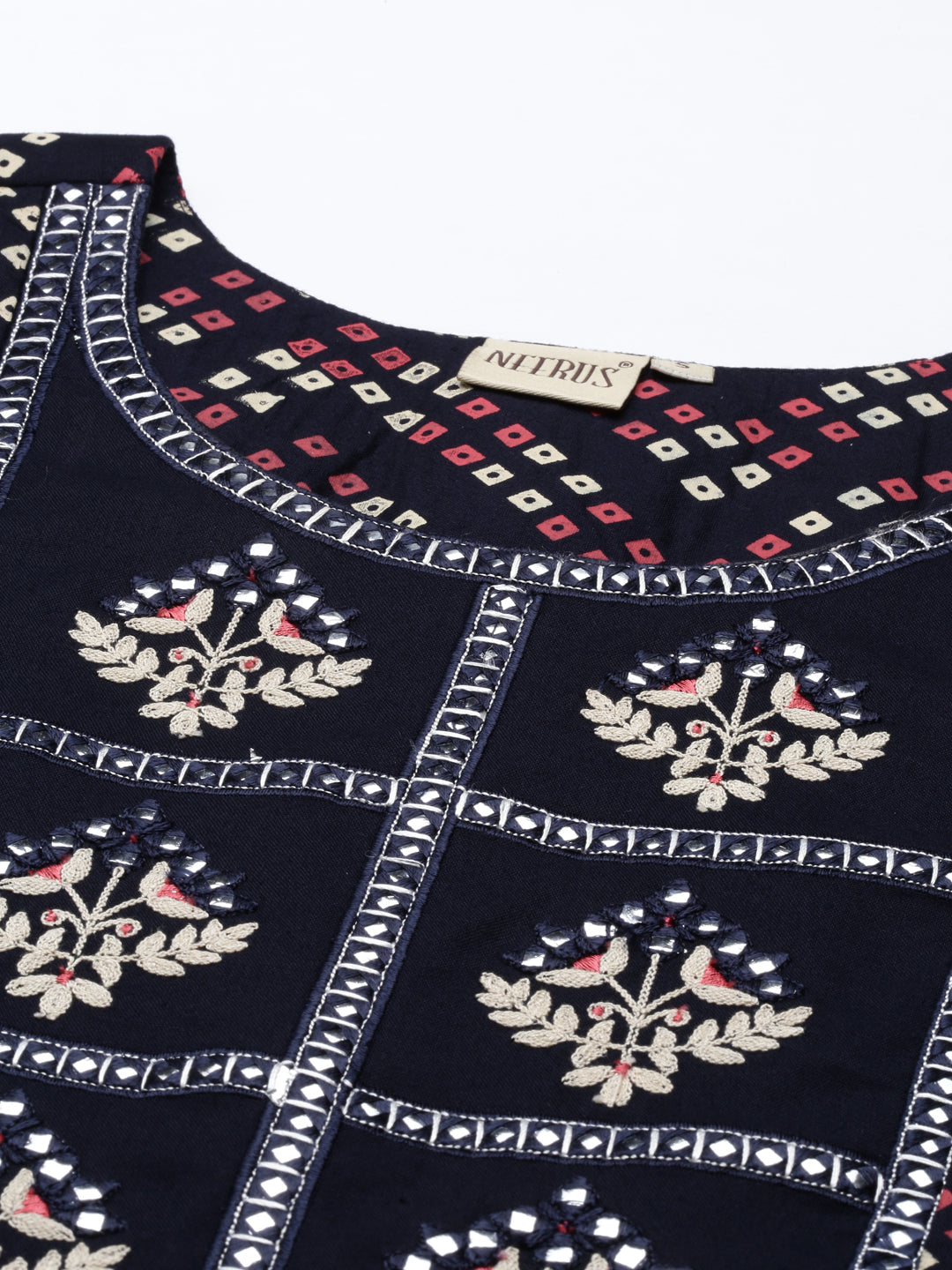 Neerus Blue Rayon Mirror Work Kurti - detail view 2