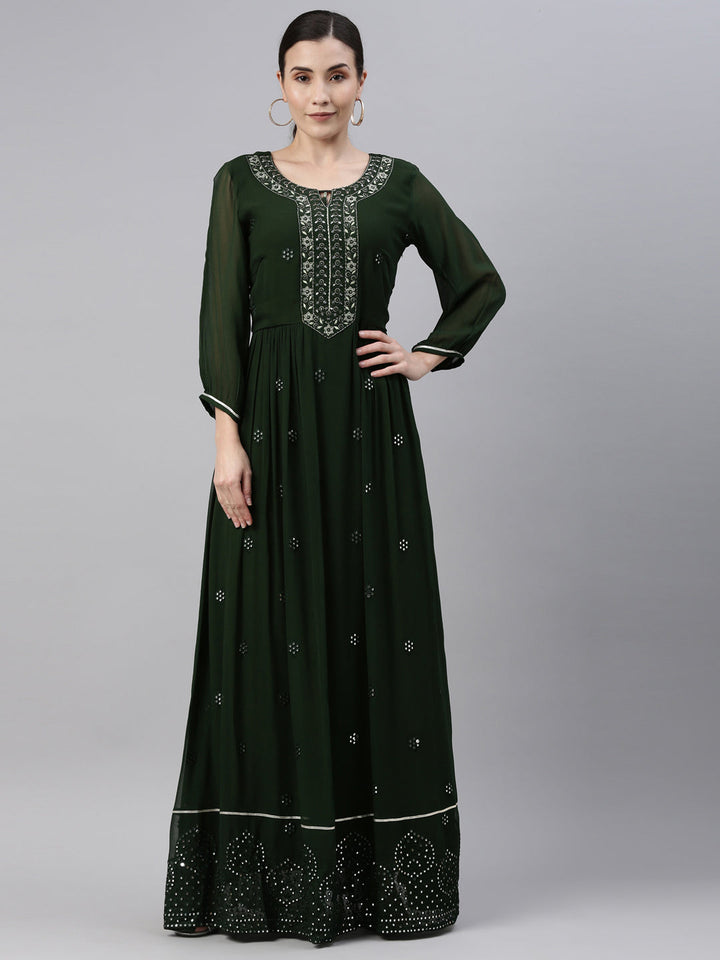 Neerus Green georgette straight kurta - front view
