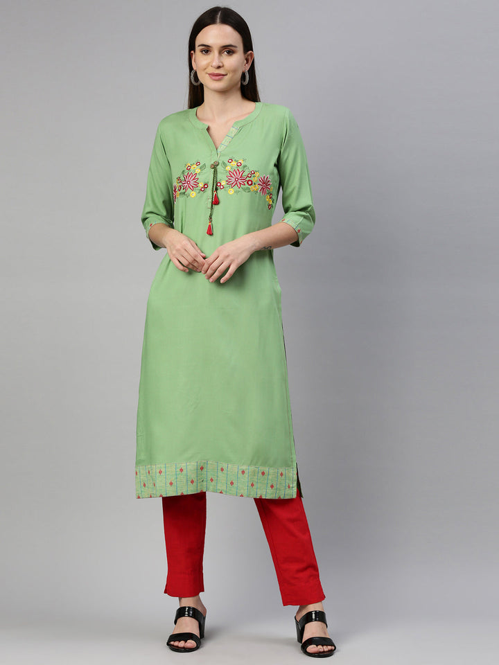 Neerus Green viscose rayon printed kurti - front view