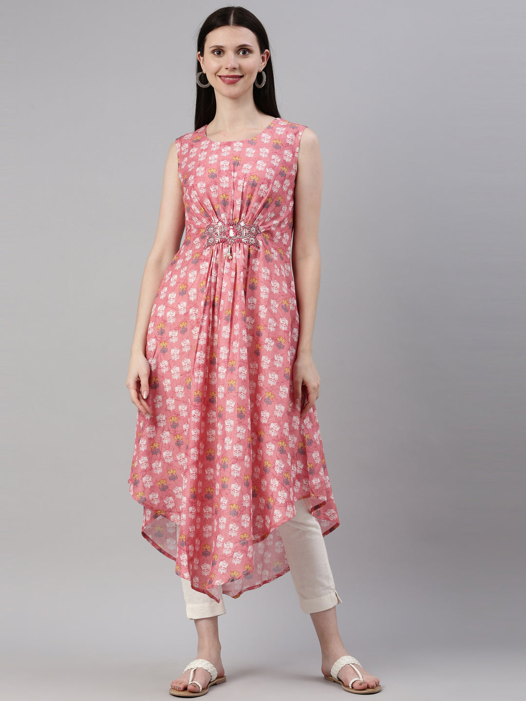 Neerus Pink modal printed A-line kurti ethnic motifs - front view