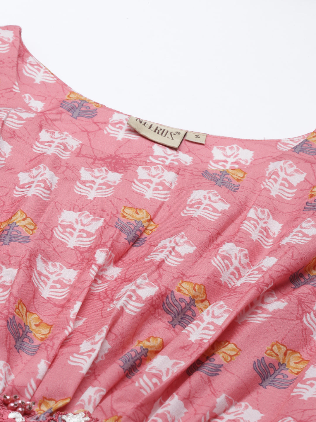 Neerus Pink modal printed A-line kurti ethnic motifs - back view