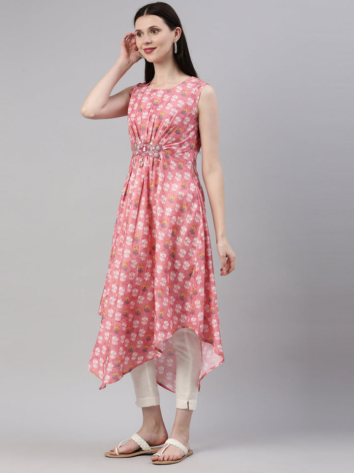 Neerus Pink modal printed A-line kurti ethnic motifs - side view