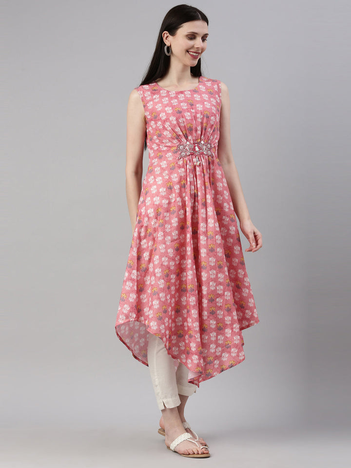 Neerus Pink modal printed A-line kurti ethnic motifs - detail view 1
