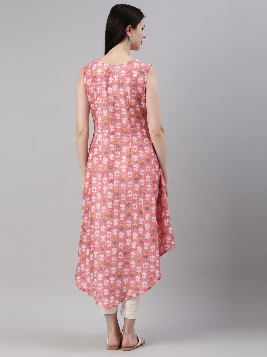 Neerus Pink modal printed A-line kurti ethnic motifs - detail view 2