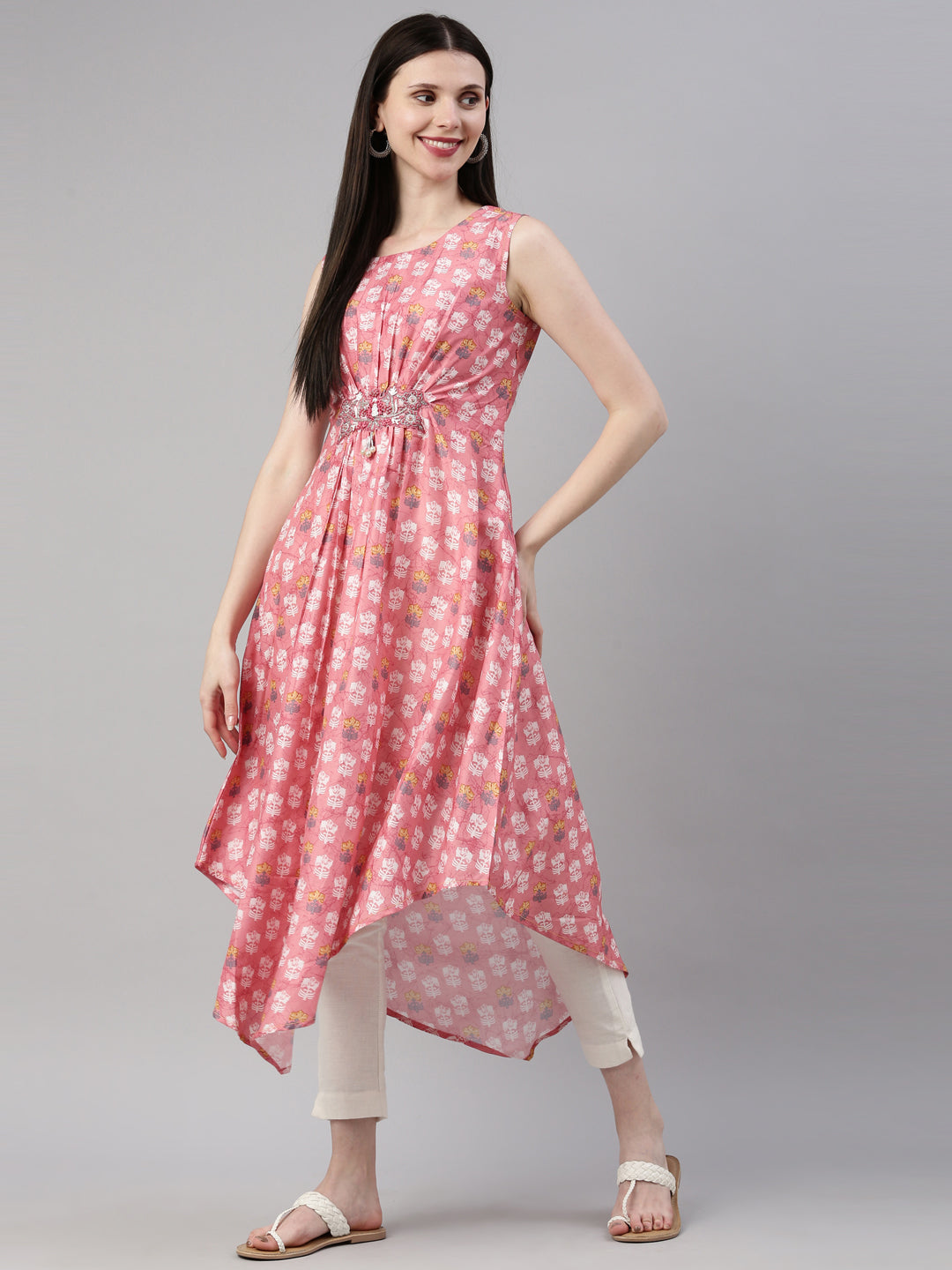 Neerus Pink modal printed A-line kurti ethnic motifs - detail view 3