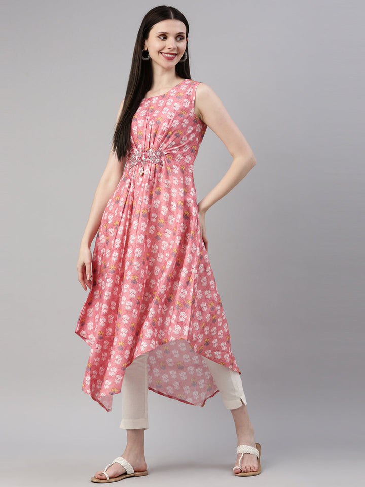 Neerus Pink modal printed A-line kurti ethnic motifs - detail view 3