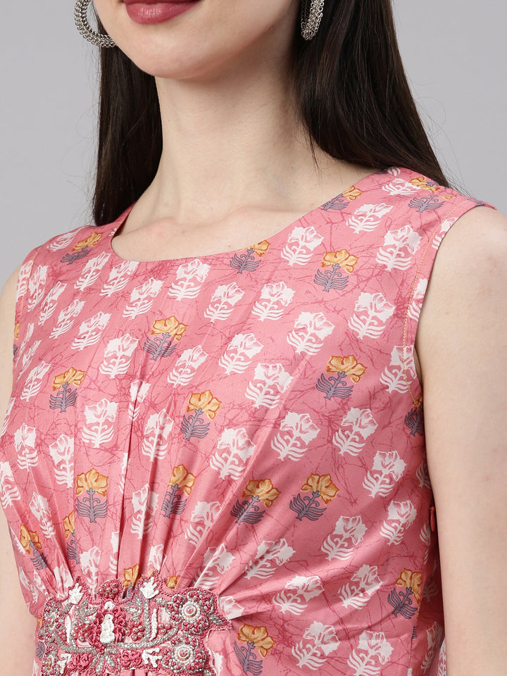 Neerus Pink modal printed A-line kurti ethnic motifs - detail view 4