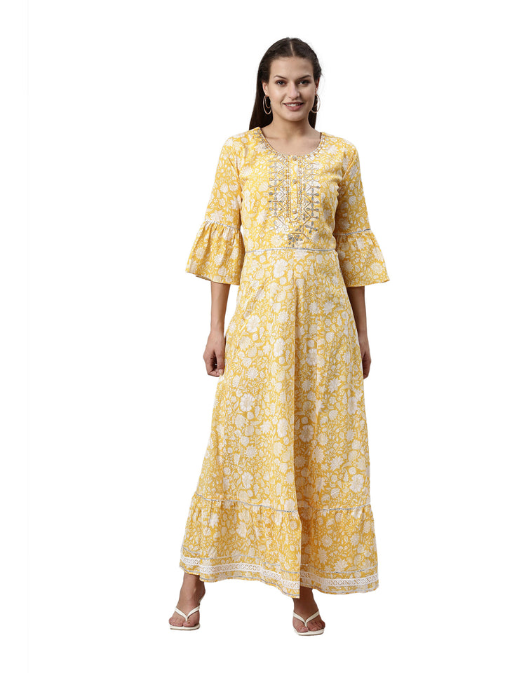 Neerus Yellow cotton printed A-line kurti - detail view 3