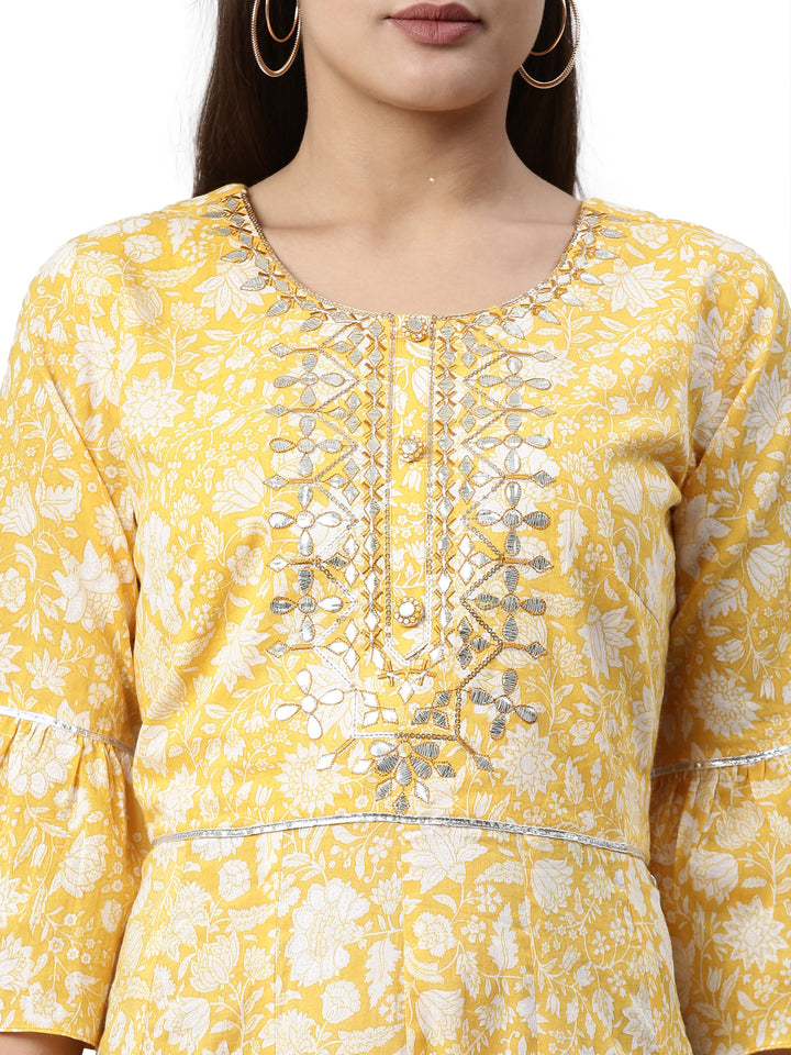 Neerus Yellow cotton printed A-line kurti - detail view 2