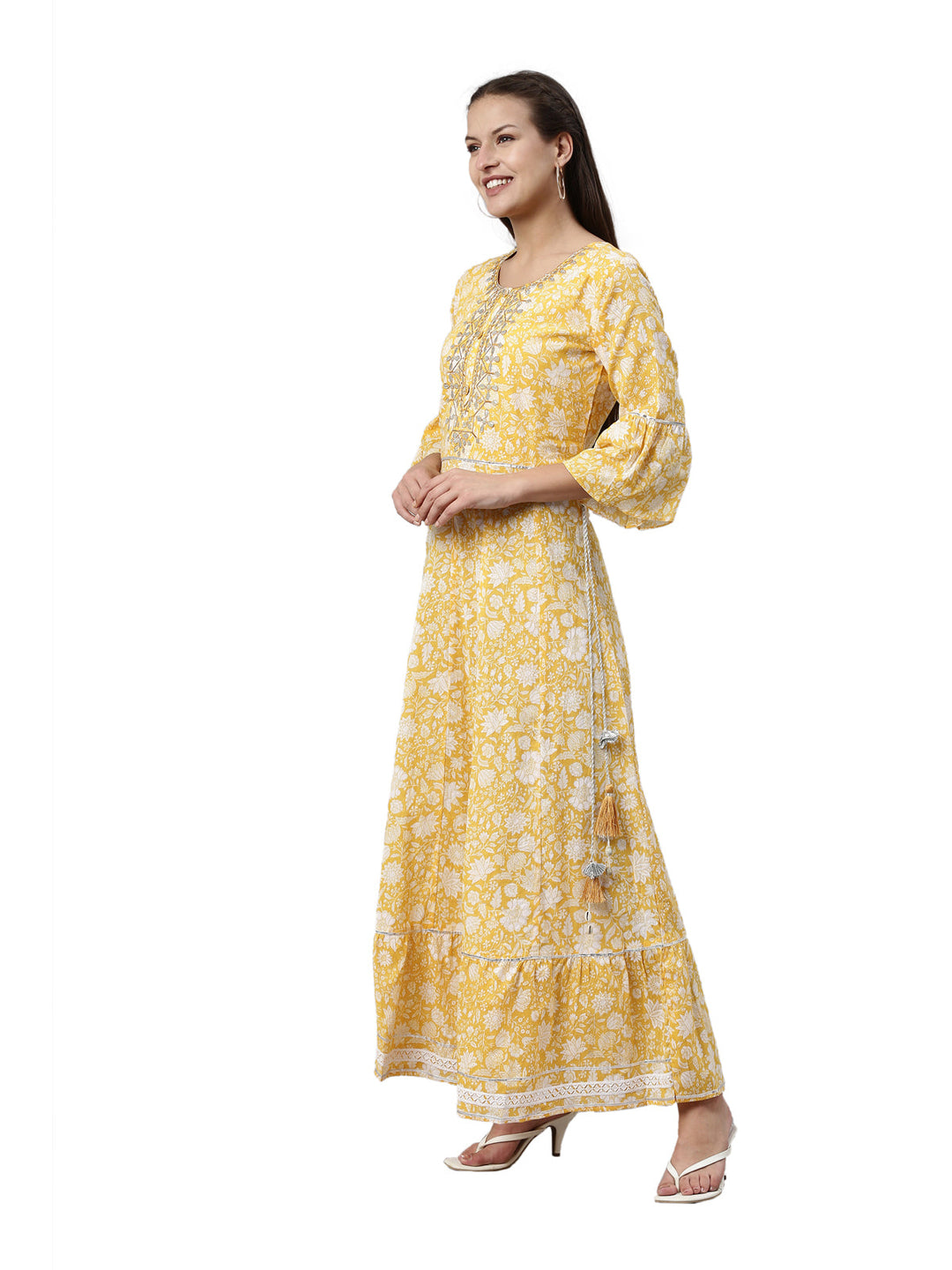 Neerus Yellow cotton printed A-line kurti - back view