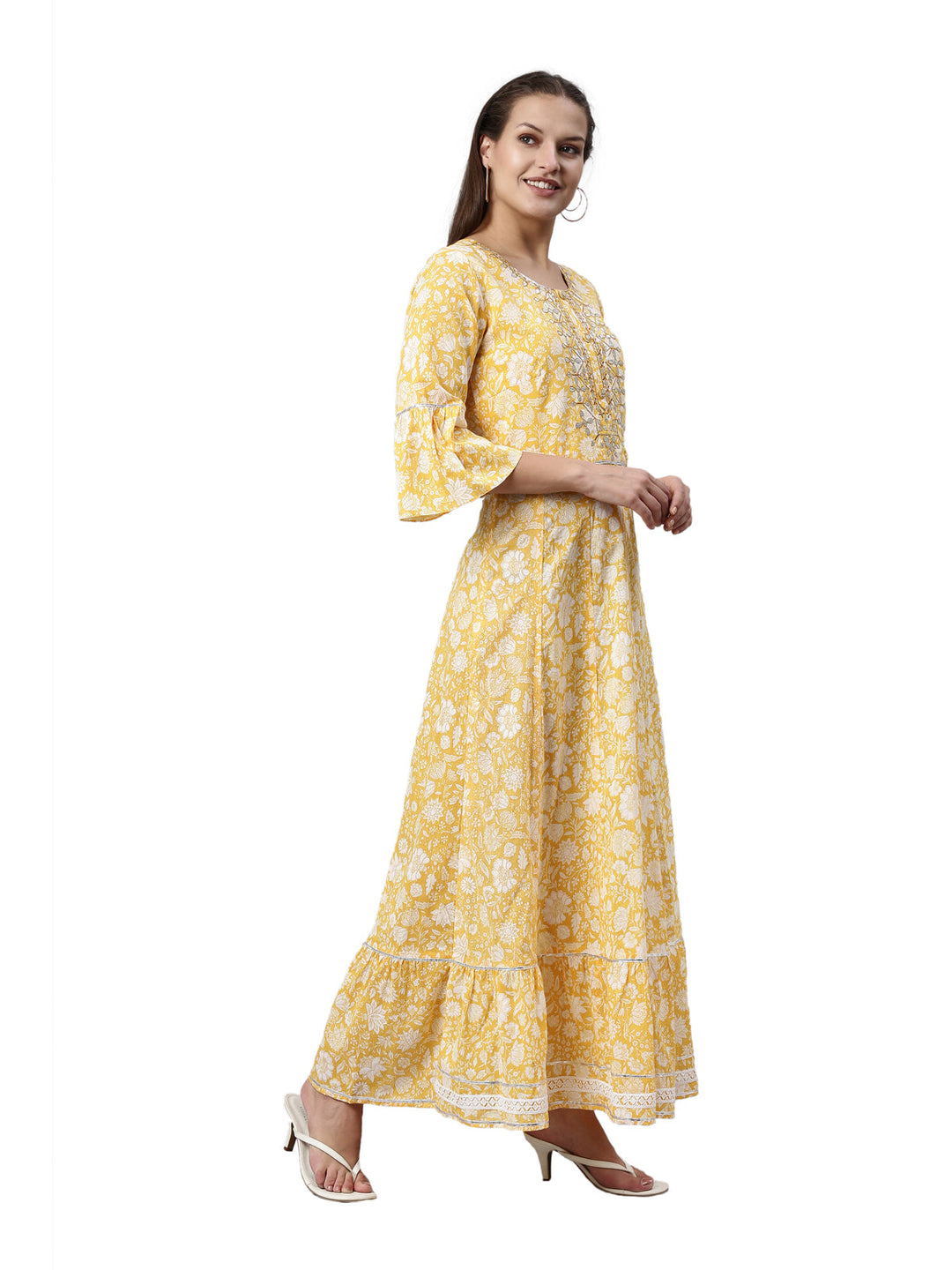 Neerus Yellow cotton printed A-line kurti - side view