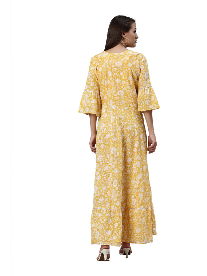 Neerus Yellow cotton printed A-line kurti - detail view 1